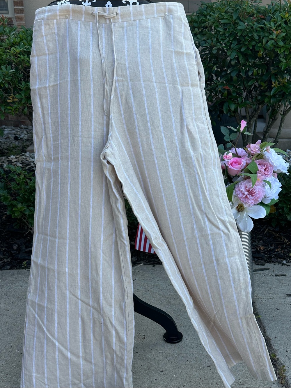 Versona Beige Striped Linen-Blend Pants